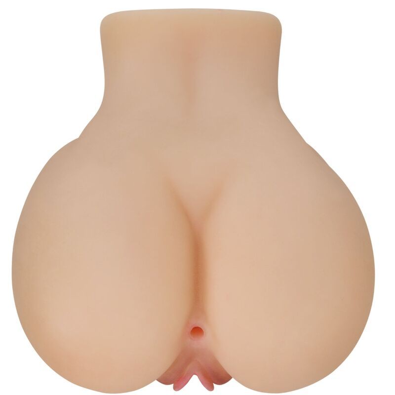 Hellrosa, anatomisch geformtes Produkt mit Öffnungen. Sichtbare Vulva und Anus. Glatte Oberfläche.