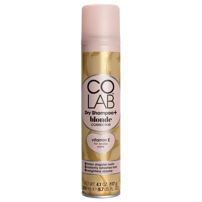 Trockenshampoo-Sprühflasche. Goldfarbener Hintergrund. Rosa Deckel und Schriftzug. Enthält Vitamin E. Nettogewicht 4,1 oz (117 g).