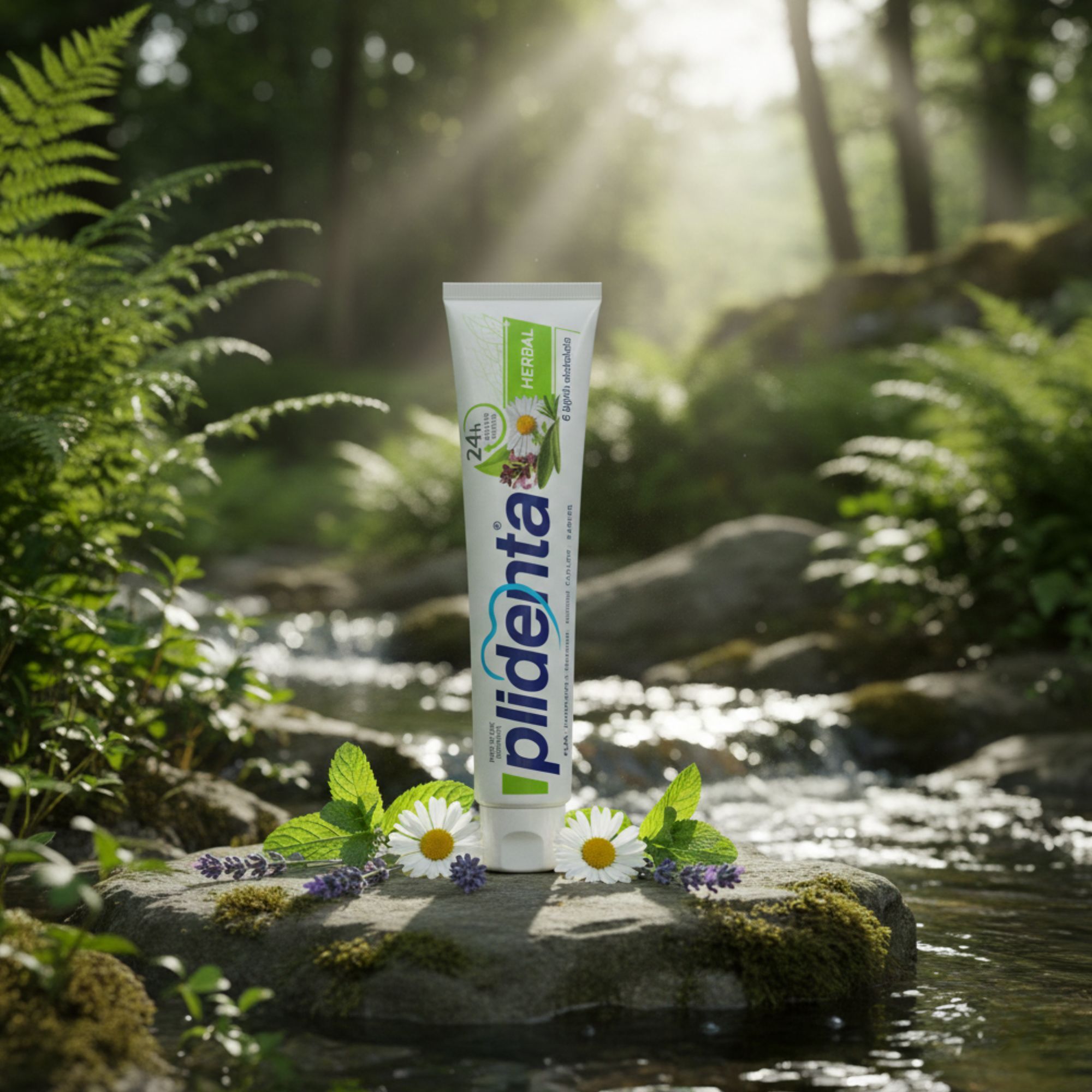 Zahnpasta-Tube "plidenta Herbal" auf einem Stein im Bach. Umgebung: Natur, Wasser, Pflanzen, Bäume.