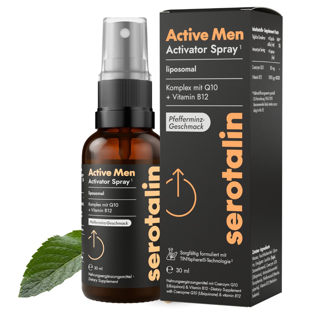 Produkt mit Verpackung. Braune Sprayflasche, Text: Active Men Activator Spray, Coenzym Q10 + Vitamin B12. Minzblatt.
