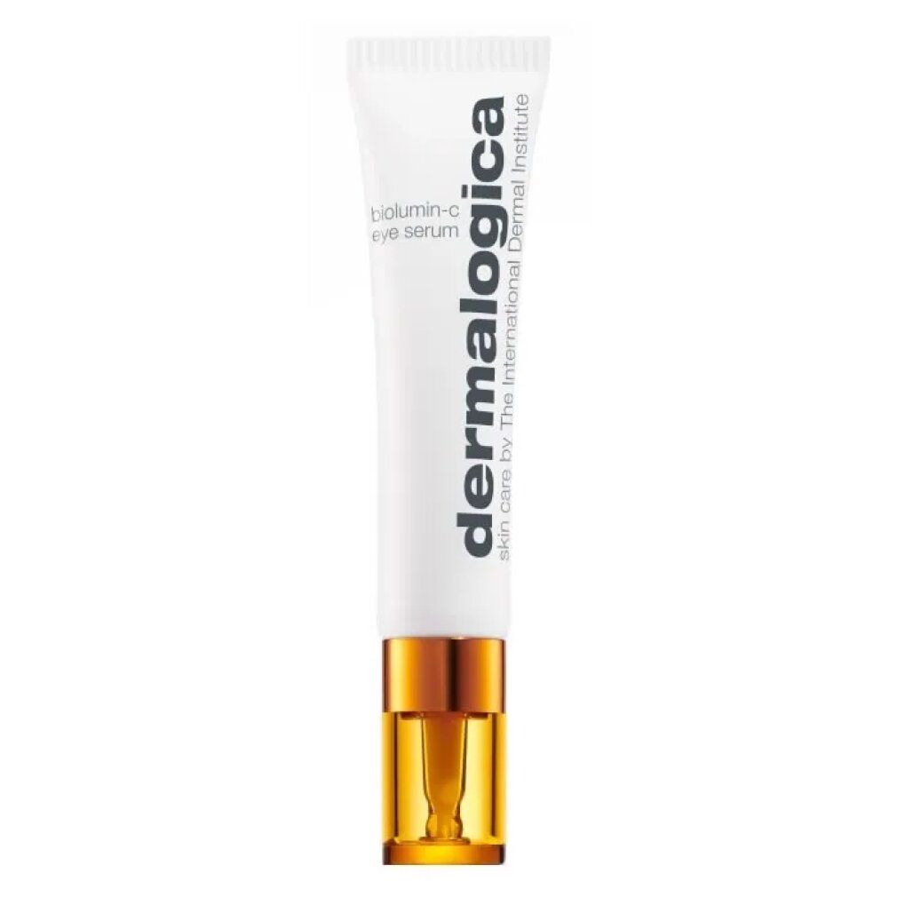Weiße Tube mit goldfarbenem Verschluss. Aufschrift: biolumin-c eye serum, Dermalogica.