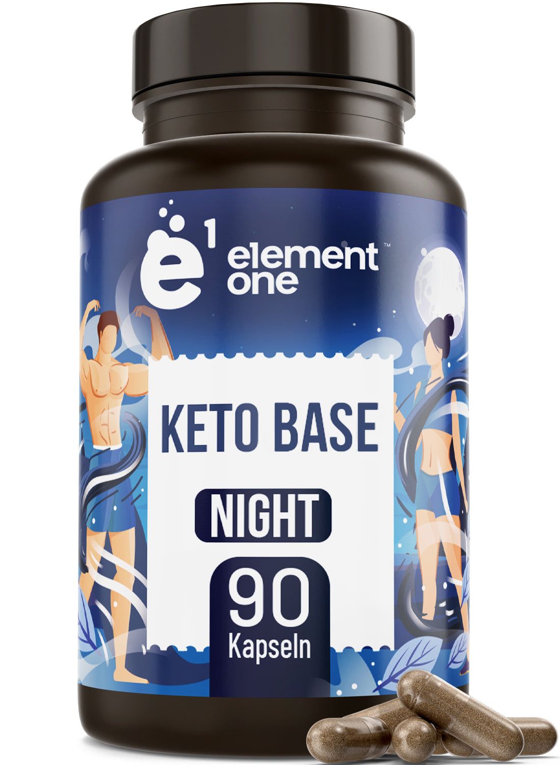 Dunkle Flasche mit Keto Base Night. 90 Kapseln. Braune Kapseln liegen daneben. Aufschrift: e element one.