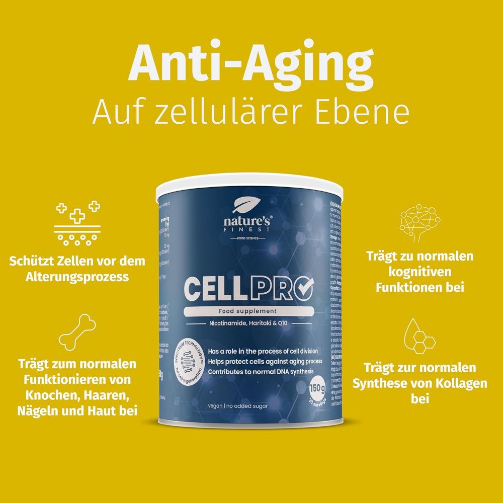 Dose CELL PRO, blau. Aufschrift CELL PRO, Reverse Ageing Supplement. 150g. Text: Anti-Aging auf zellulärer Ebene.