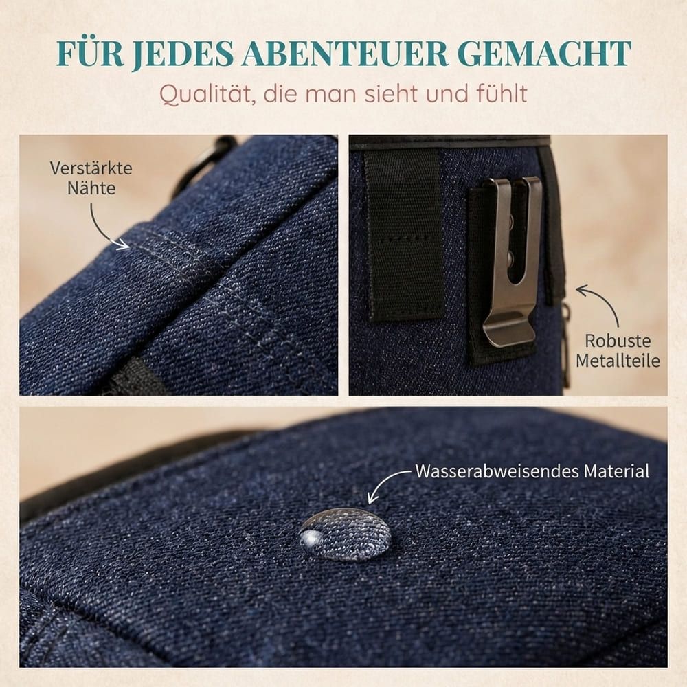 Nahaufnahmen von blauem, wasserabweisendem Material. Verstärkte Nähte und robuste Metallteile.