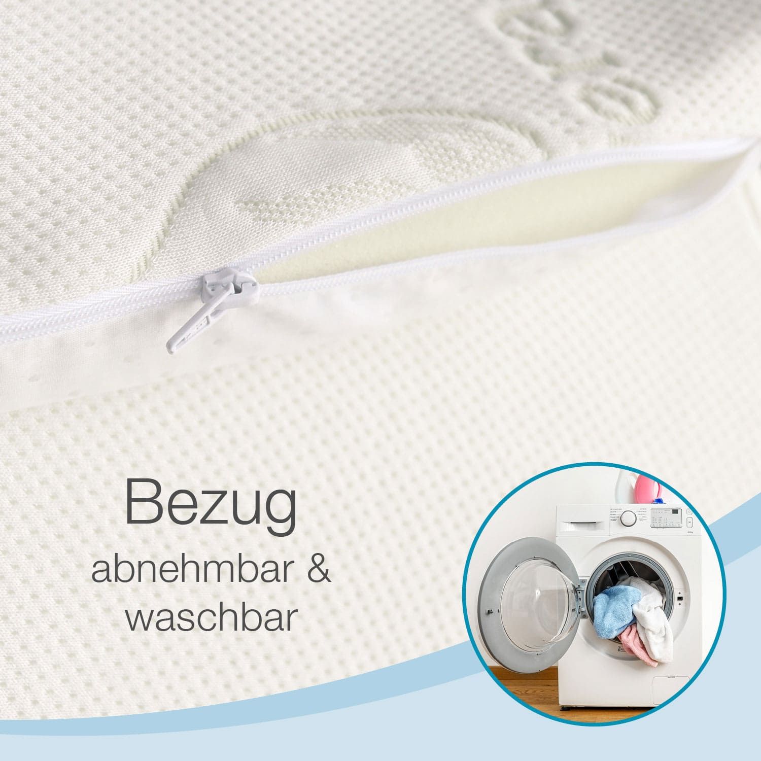 Matratzenauflage mit Reißverschluss. Text: Bezug abnehmbar & waschbar. Waschmaschinen-Symbol.