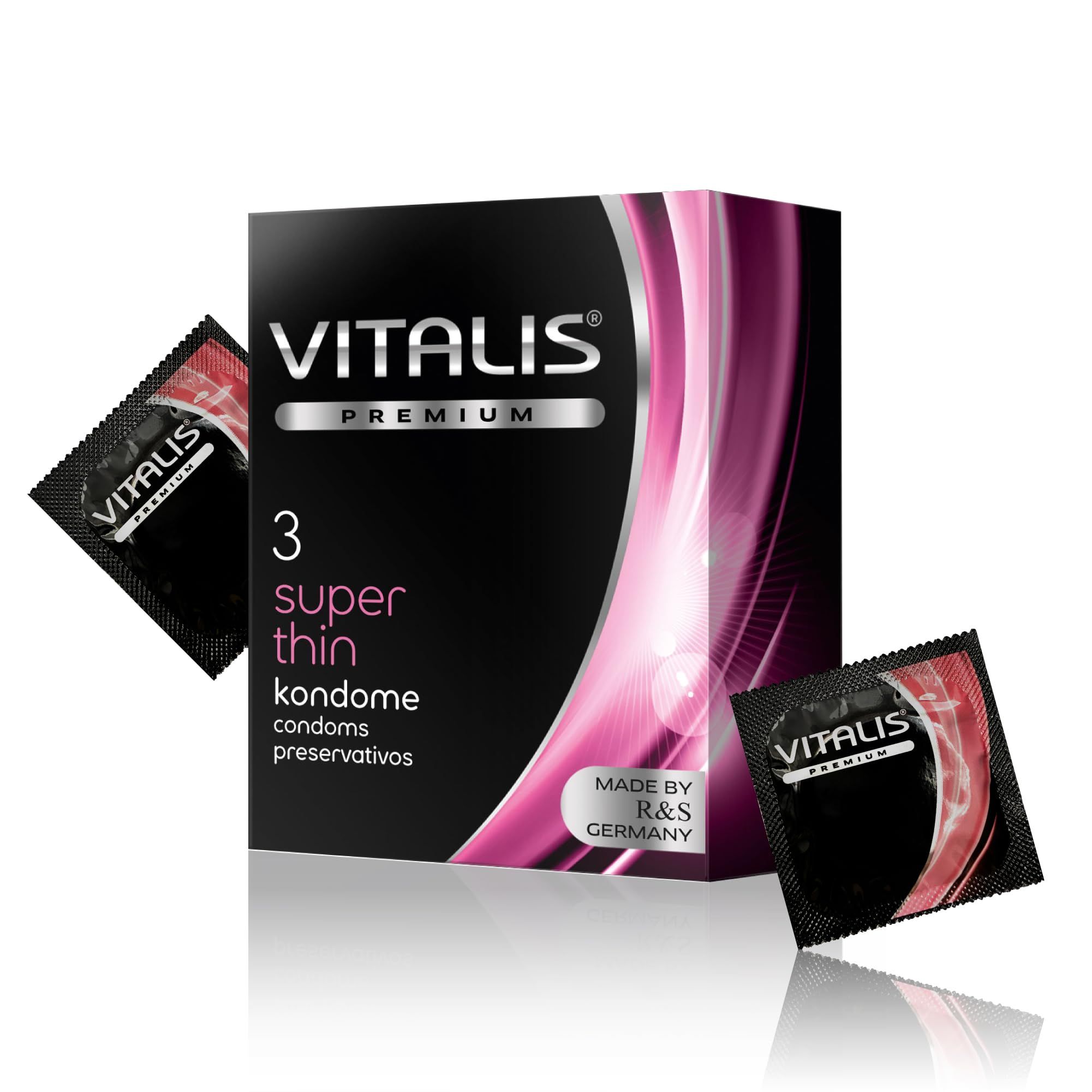 Vitalis PREMIUM Super Thin Kondom-Packung, 3 Stück, mit zwei einzelnen Kondom-Päckchen.