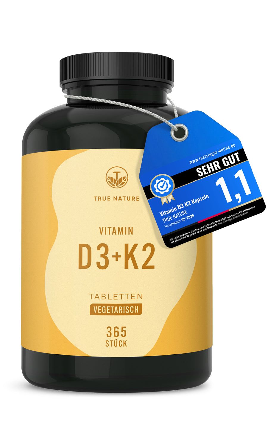 Braune Flasche mit gelbem Etikett. Vitamin D3+K2 Tabletten. 365 Stück. Mit Anhänger: Sehr gut, Note 1,1.