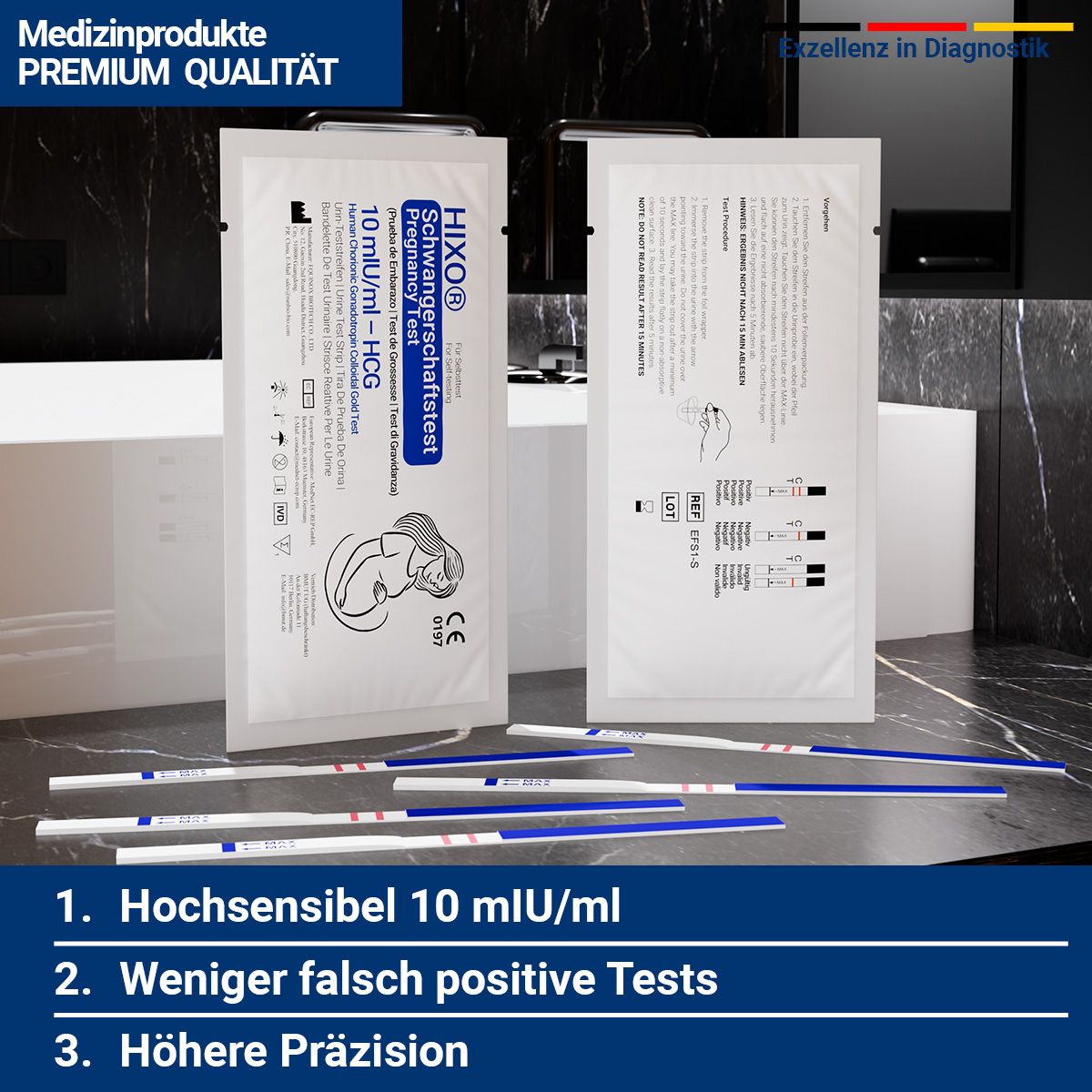 HIXO Schwangerschaftstest-Packung mit 10 mIU/ml HCG-Angabe und CE-Zeichen.