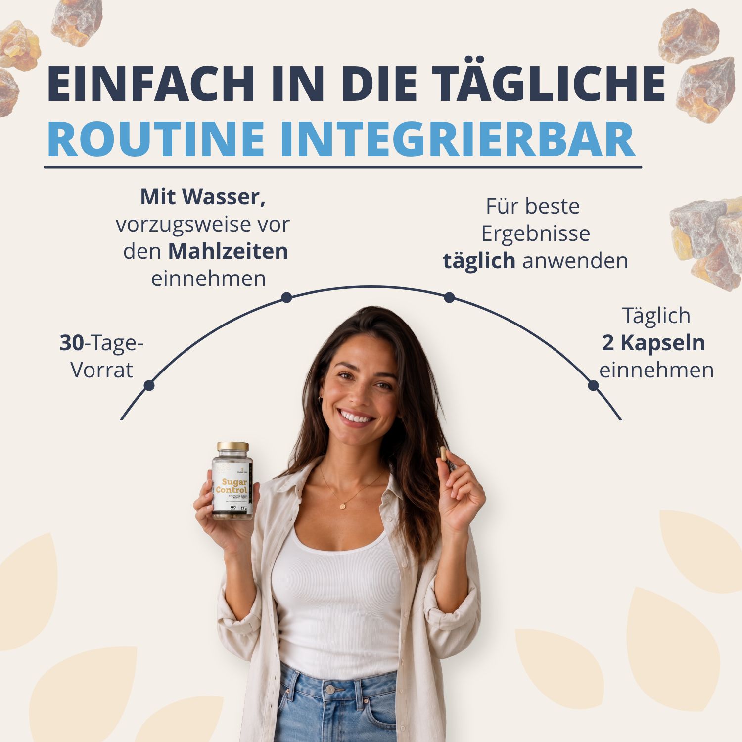 Frau hält Golden Tree Sugar Control Flasche und Kapsel, integrierbar in tägliche Routine.