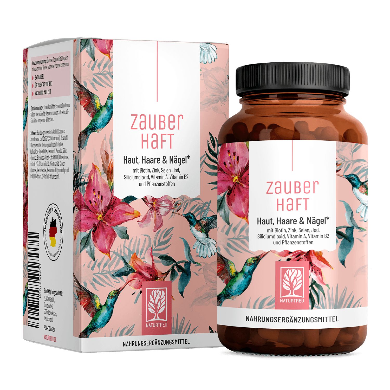 Braune Glasflasche mit rosa und tropischem Motiv, daneben die passende Verpackung.