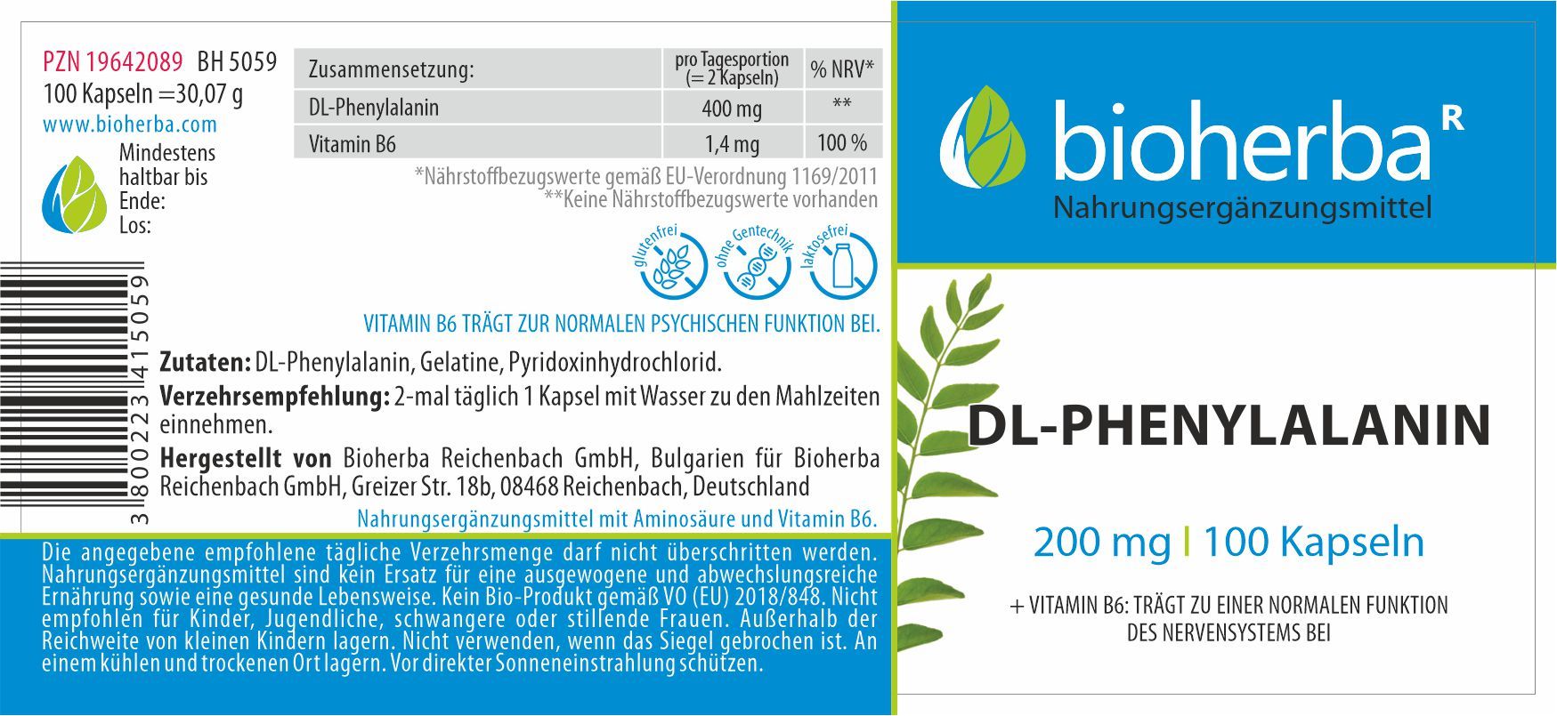 Etikett mit blauem Streifen und Schriftzug 'bioherba'. Text: DL-Phenylalanin, 200 mg, 100 Kapseln. Enthält Informationen und Inhaltsstoffe.