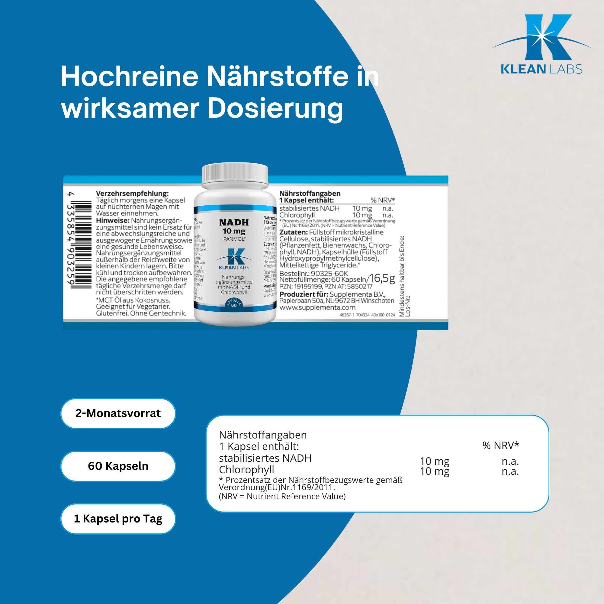 Blauer Hintergrund mit Text und Tabelle. Beschreibt Nährwertangaben. 60 Kapseln, 1 Kapsel pro Tag.