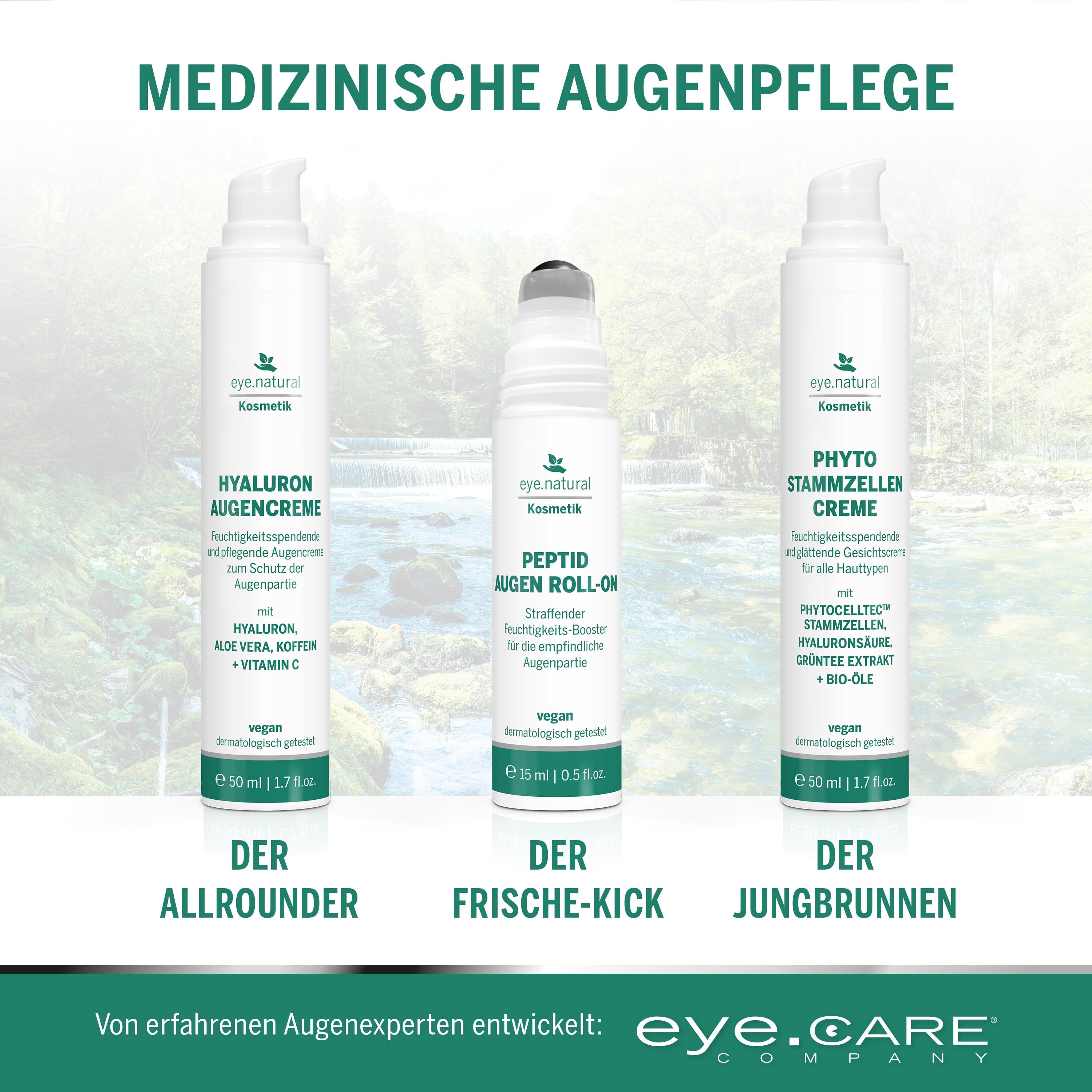 Drei Produkte: Hyaluron Augencreme, Peptid Augen Roll-On, Phyto Stammzellen Creme. Alle von eye.CARE Company. Vegan, für empfindliche Augenpartie.
