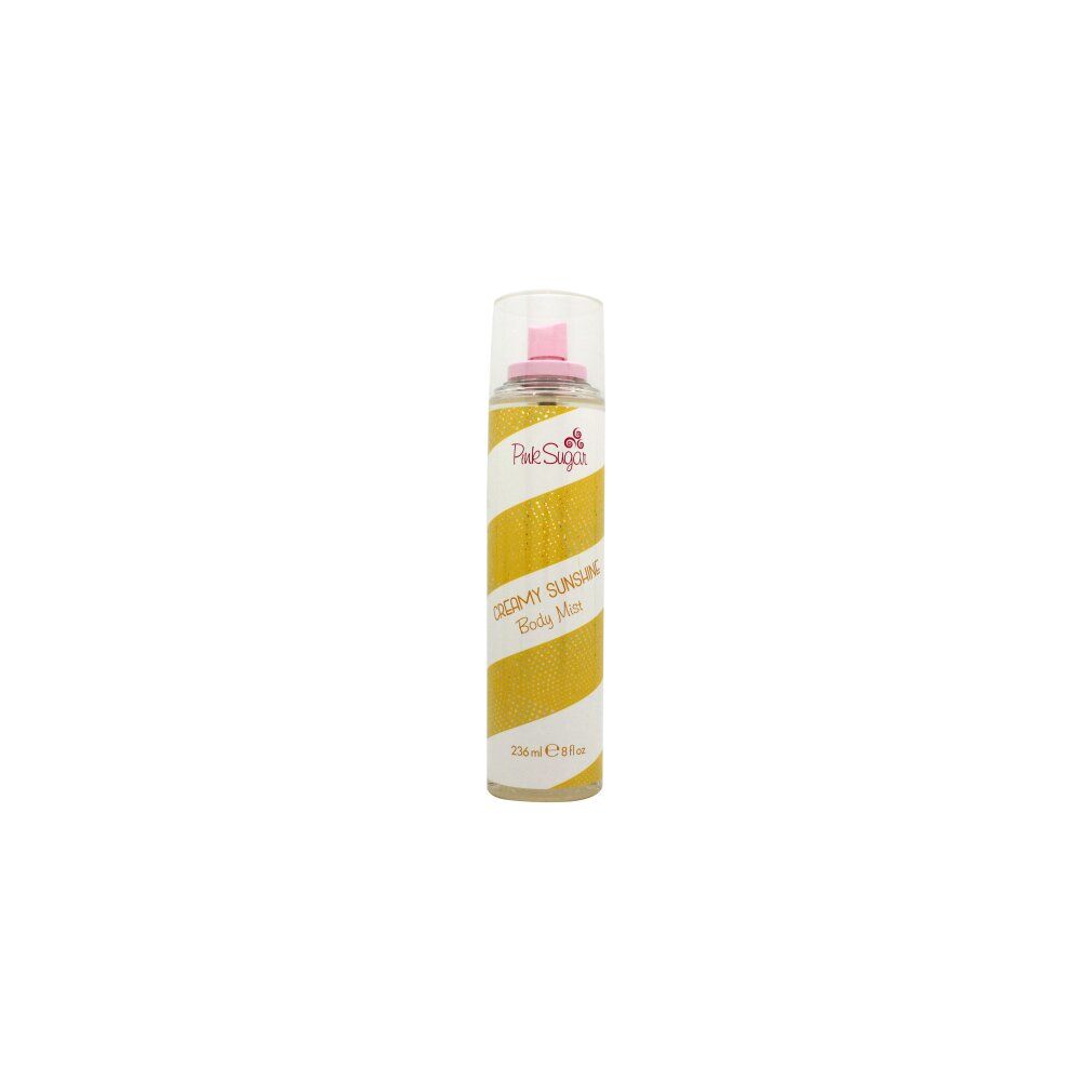 Körpernebel-Flasche mit gelb-weißem Streifenmuster. Pink Sugar Logo und Produktname sind sichtbar.