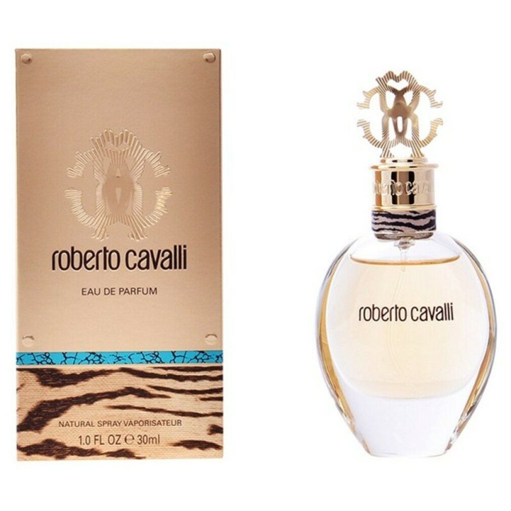 Roberto Cavalli Eau de Parfum Spray-Flakon und Verpackung. Flakon mit Markenlogo und Verpackung mit Text.