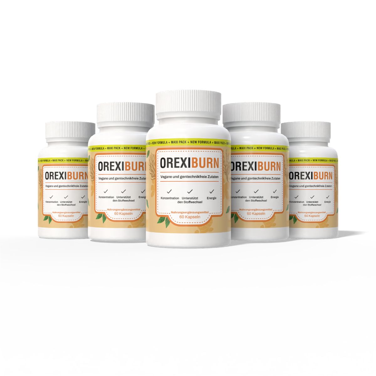 Fünf Flaschen Orexiburn, vegane und gentechnikfreie Zutaten, 60 Kapseln.
