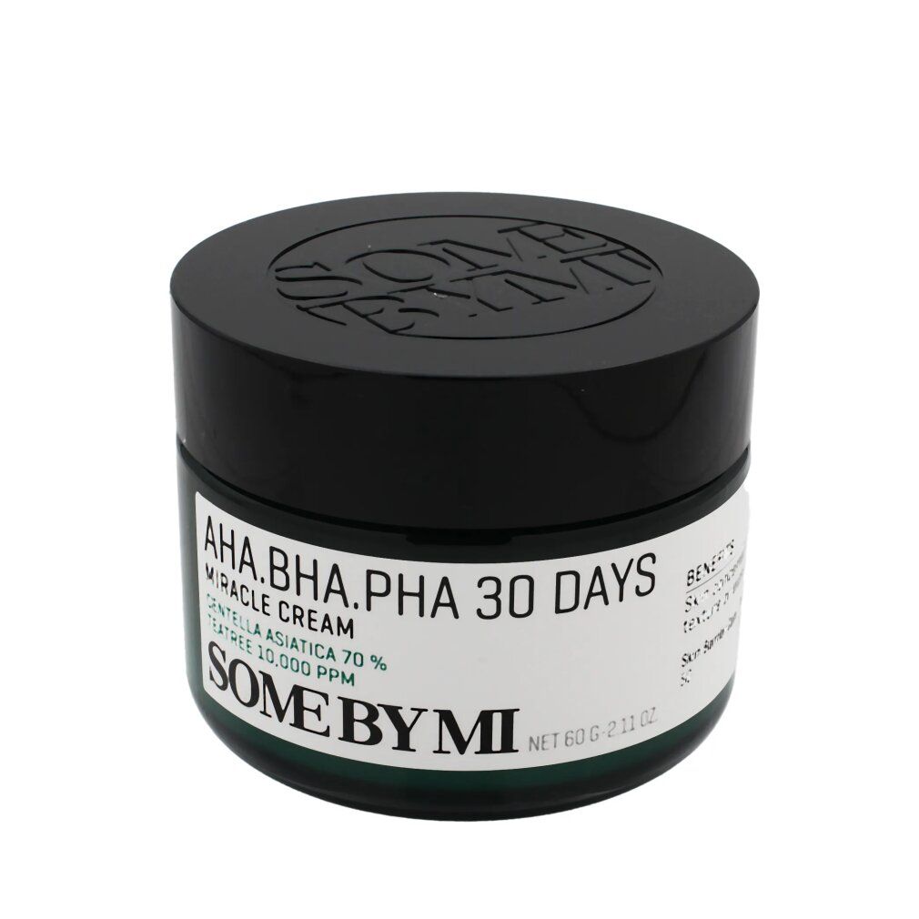 Grünes Cremeglas mit schwarzem Deckel. Aufschrift: AHA.BHA.PHA 30 DAYS MIRACLE CREAM. Marke SOME BY MI.