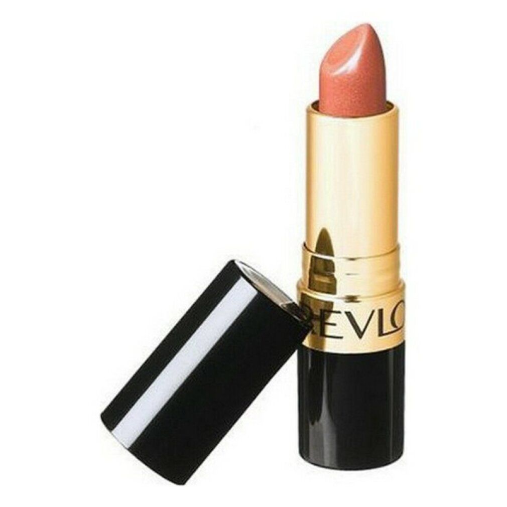 Lippenstift, offene Kappe. Goldener und schwarzer Behälter. Aufschrift: REVLON.