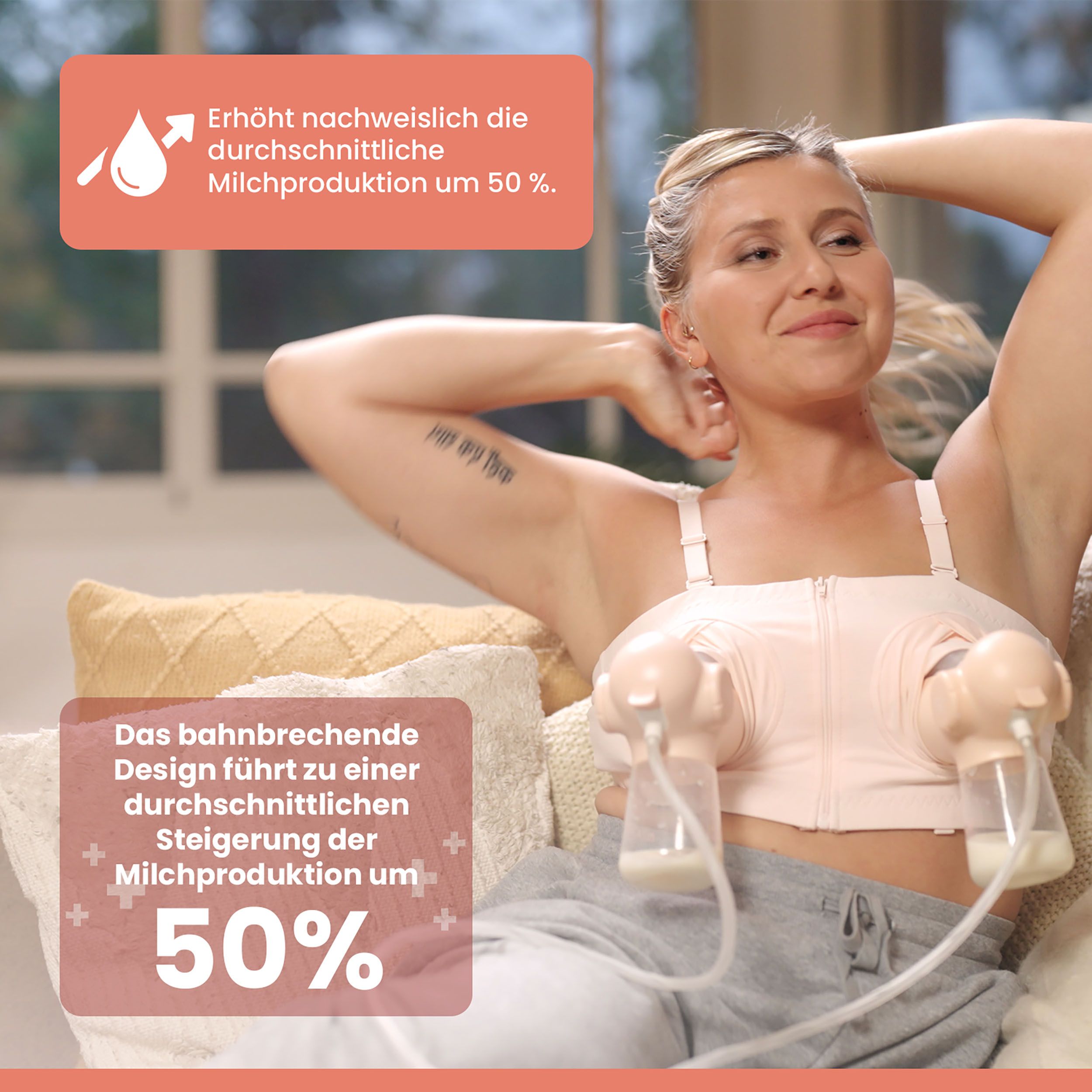 Frau mit Still-BH und Doppelmilchpumpe. Text: bahnbrechendes Design führt zu 50% Steigerung der Milchproduktion. Erhöht die Milchproduktion um 50%.