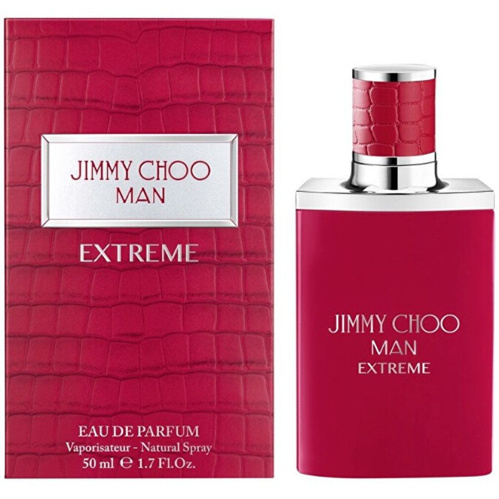 Rotes Parfümflakon und Verpackung. Aufschrift: JIMMY CHOO MAN EXTREME. Eau de Parfum. 50 ml.