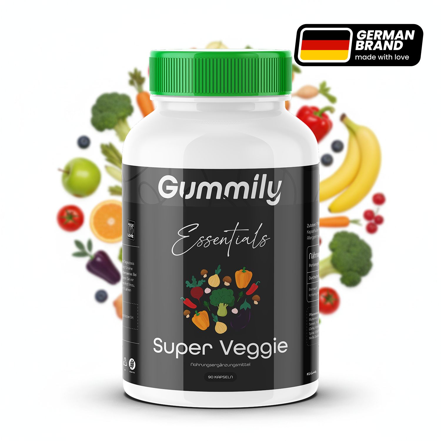 Weiße Flasche mit grünem Deckel. Aufschrift: Gummily Essentials Super Veggie. Mit Gemüse-Illustration. German Brand.