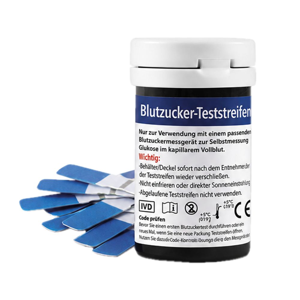 IEA Medical Blutzucker-Teststreifen in einem blauen Behälter mit aufgestapelten Teststreifen daneben.