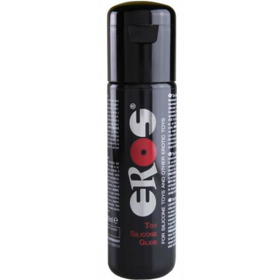 Schwarze Flasche mit Klappverschluss. Aufschrift "Eros" und "Toy Silicone Glide".