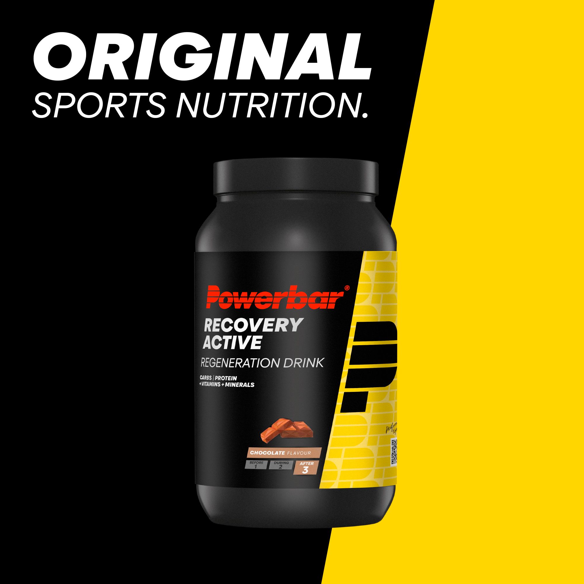 Schwarze Dose mit Powerbar-Logo und Produktbezeichnung. Gelber Hintergrund mit Text: ORIGINAL SPORTS NUTRITION.