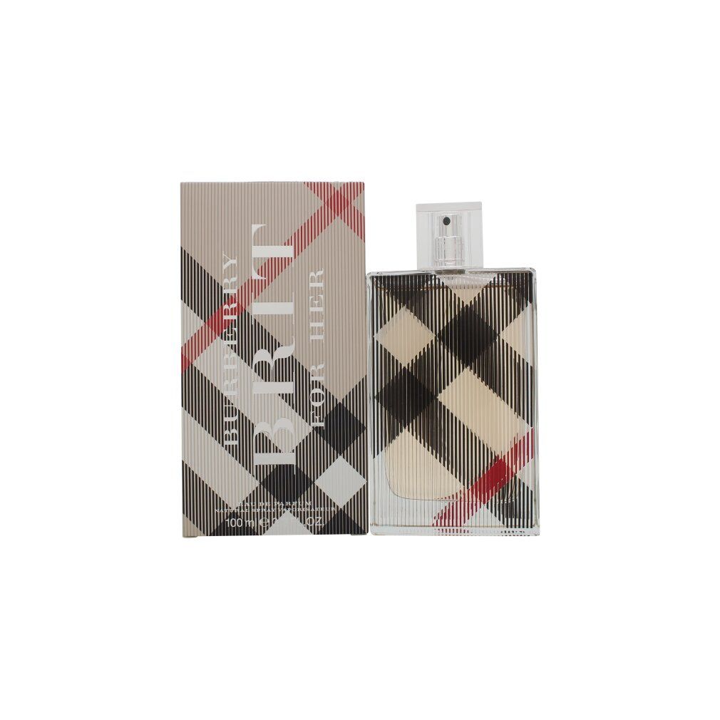 Parfümflakon und Verpackung. Beige, kariert. Schriftzug: Burberry Brit for Her. Flakon mit Sprühkopf.