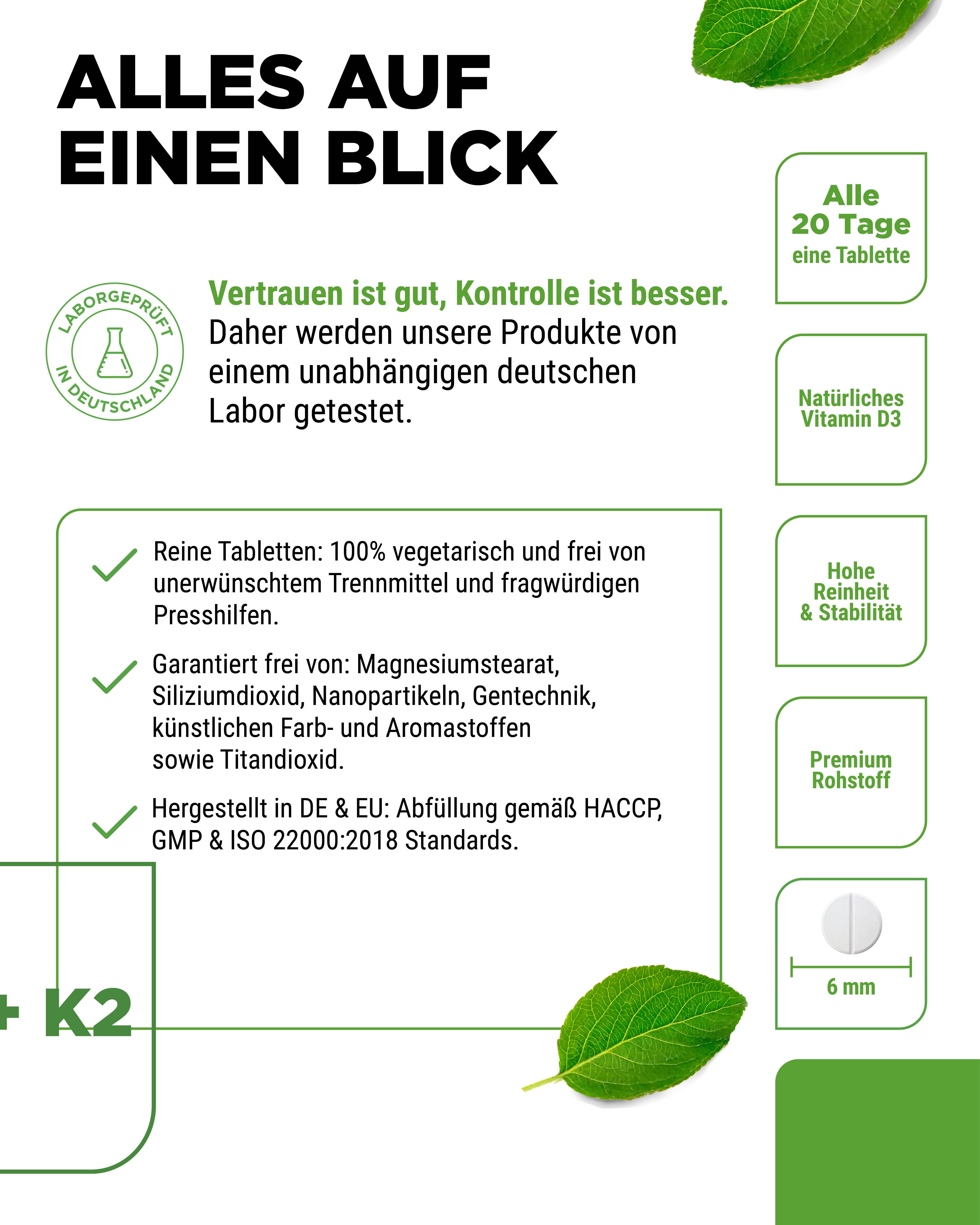 Text: "Alles auf einen Blick". Liste mit Eigenschaften. Tablette, 6 mm. Flasche "vit4ever Vitamin D3 + K2".
