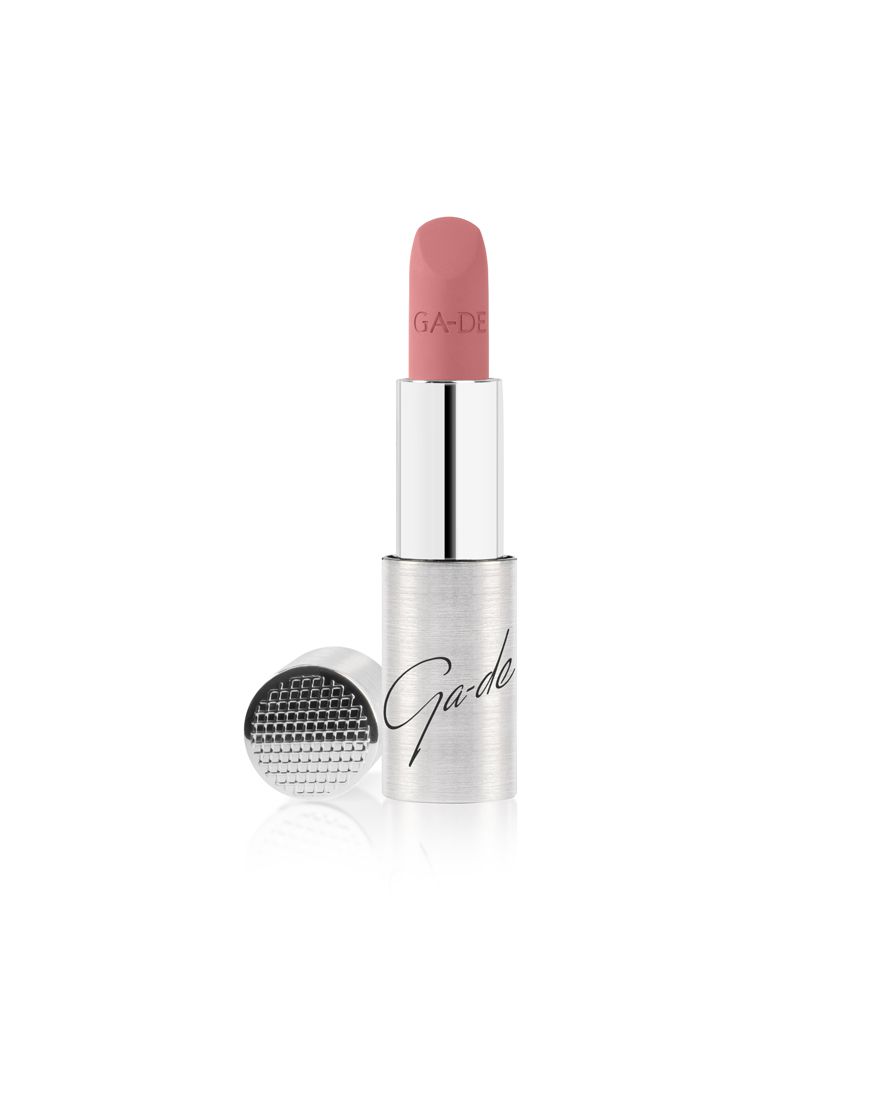 Ga-De Selfie Soft Matte Lipstick in silbernem Gehäuse mit offenem Deckel. Rosafarbener Lippenstift.