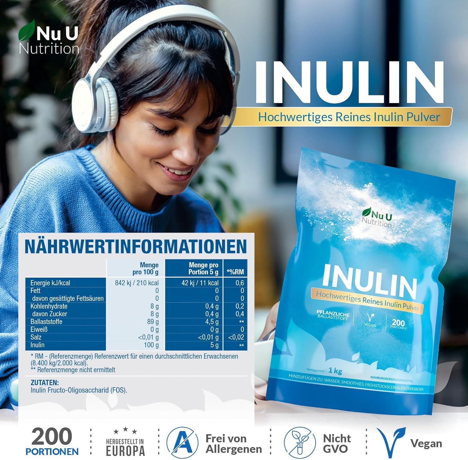 Frau mit Kopfhörern neben Verpackung von Inulin-Pulver. Nährwertinformationen und Angaben zu Allergenen, GVO-frei, vegan.