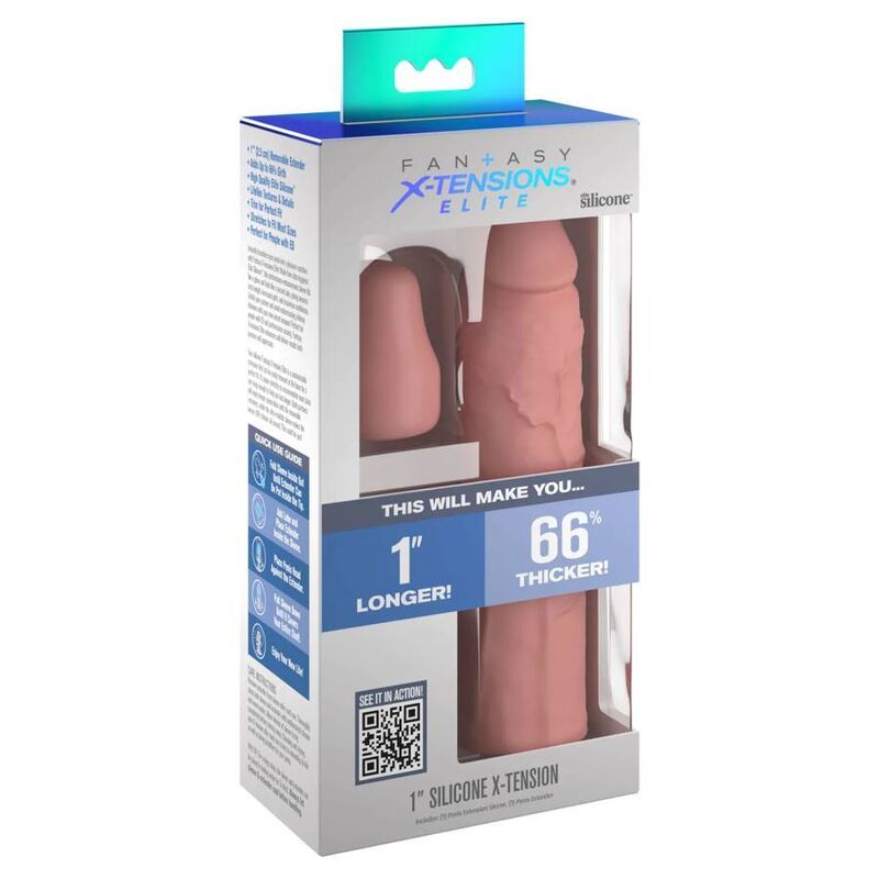 Verpackung mit Fleshlight-Produkt und Extender. Text: "Fantasy X-Tensions Elite". Zeigt 1" Länger und 66% dicker.