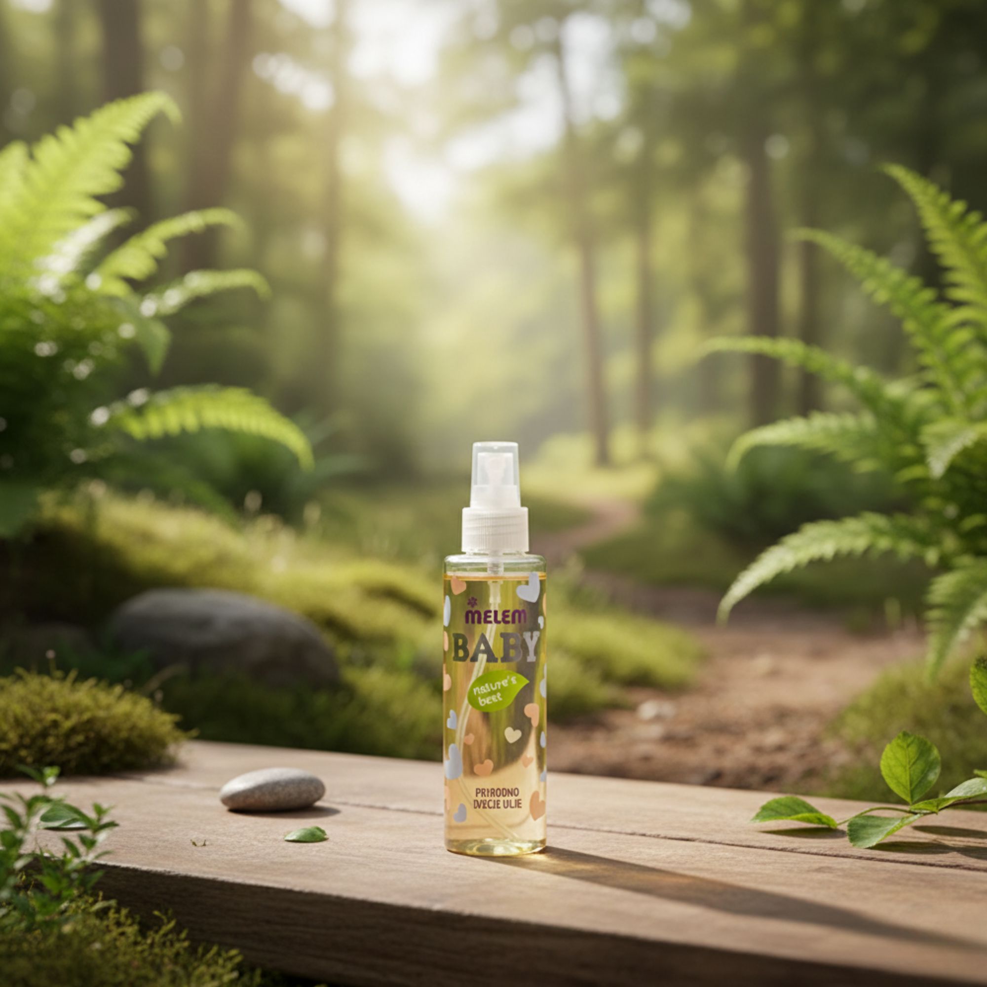 Eine Flasche Melem Babyöl steht auf einem Holzsteg. Im Hintergrund ein Wald. Auf der Flasche ist der Markenname und der Produktname zu sehen.