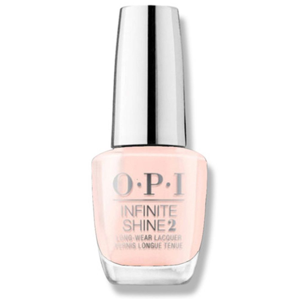 OPI Infinite Shine 2 Nagellackflasche, hellrosa. Silberner Deckel, transparente Flasche. Produktname sichtbar.