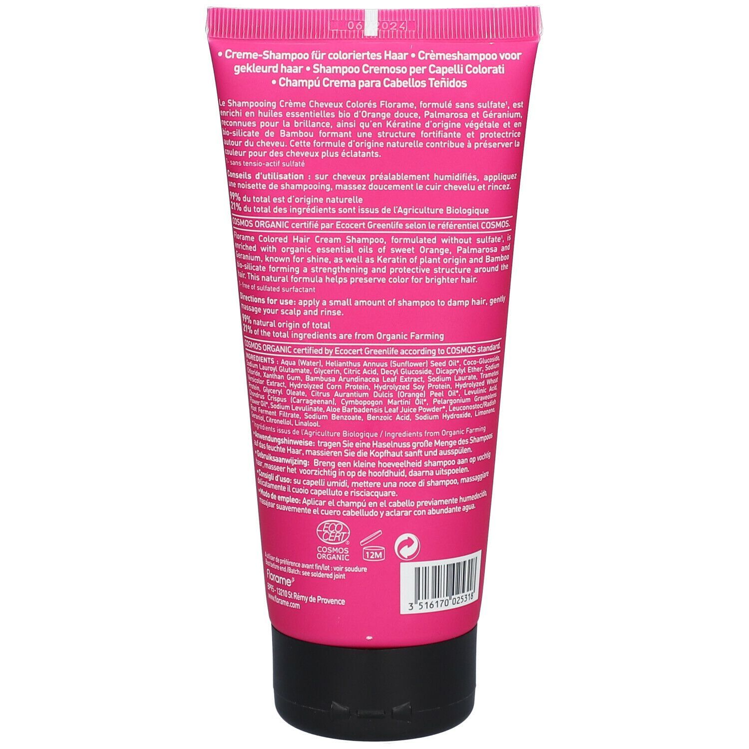Rückseite der rosa Tube. Textinformationen zum Shampoo für coloriertes Haar. Bio-Zertifizierung.