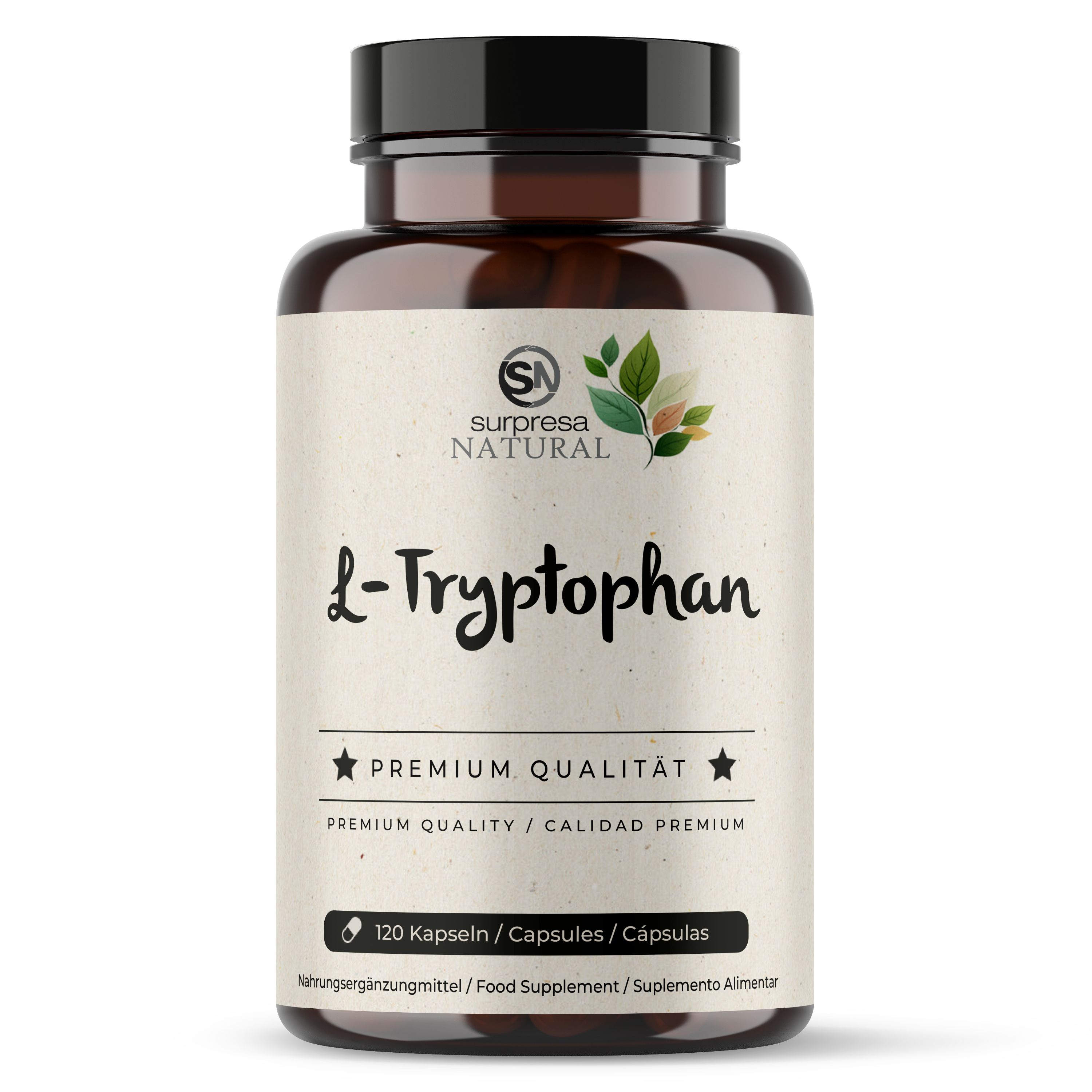 Braune Flasche mit weißem Etikett. Aufschrift: Surpresa Natural L-Tryptophan. Enthält 120 Kapseln. Premium Qualität.