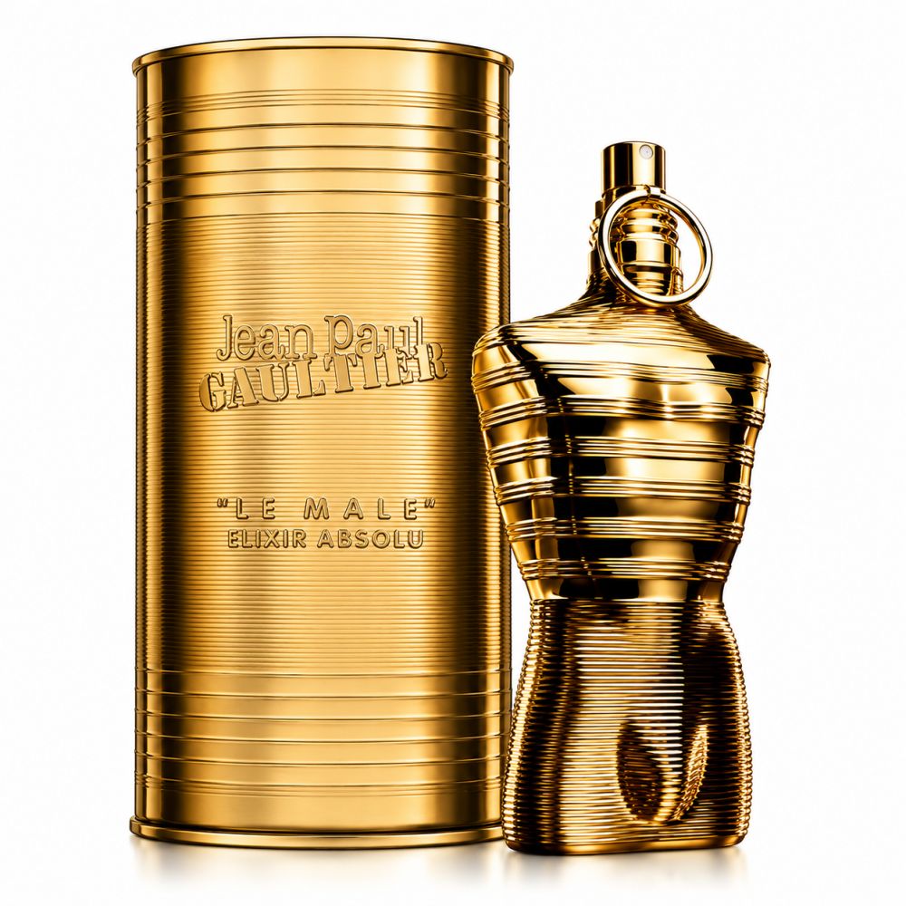 Goldene Flasche und Dose, beide mit geripptem Design. Flasche in Torsoform.
