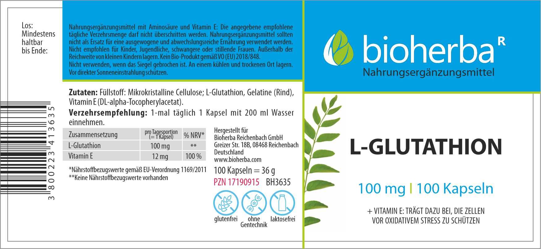 Etikett mit Produktinformationen. Text: L-Glutathion, 100 mg | 100 Kapseln. Marke: Bioherba. Enthält Vitamin E. Zutatenliste.