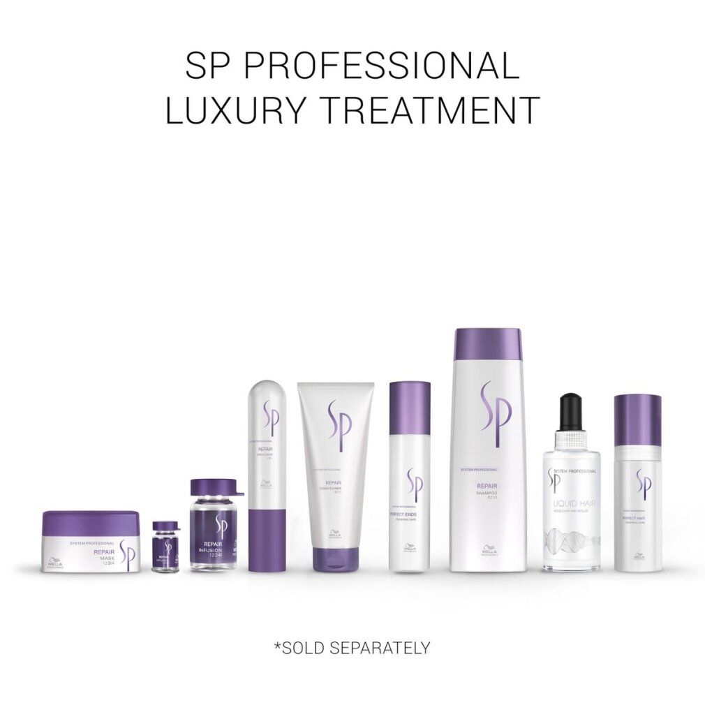 Eine Reihe von SP Professional Luxury Treatment Kosmetikprodukten in weißen und violetten Behältern.