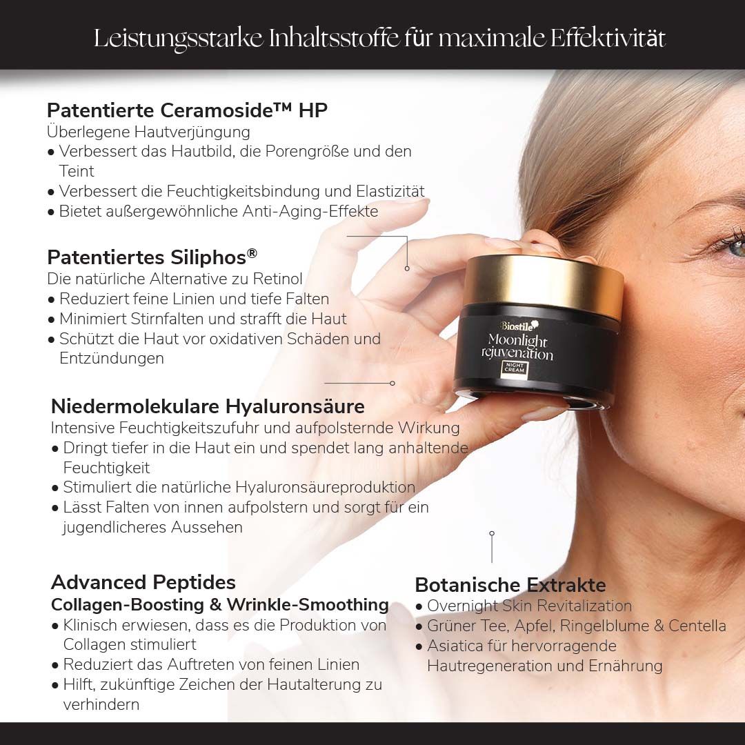 Biostile Moonlight Rejuvenation Nachtcreme: klinisch getestet, vegan, dermatologisch getestet.