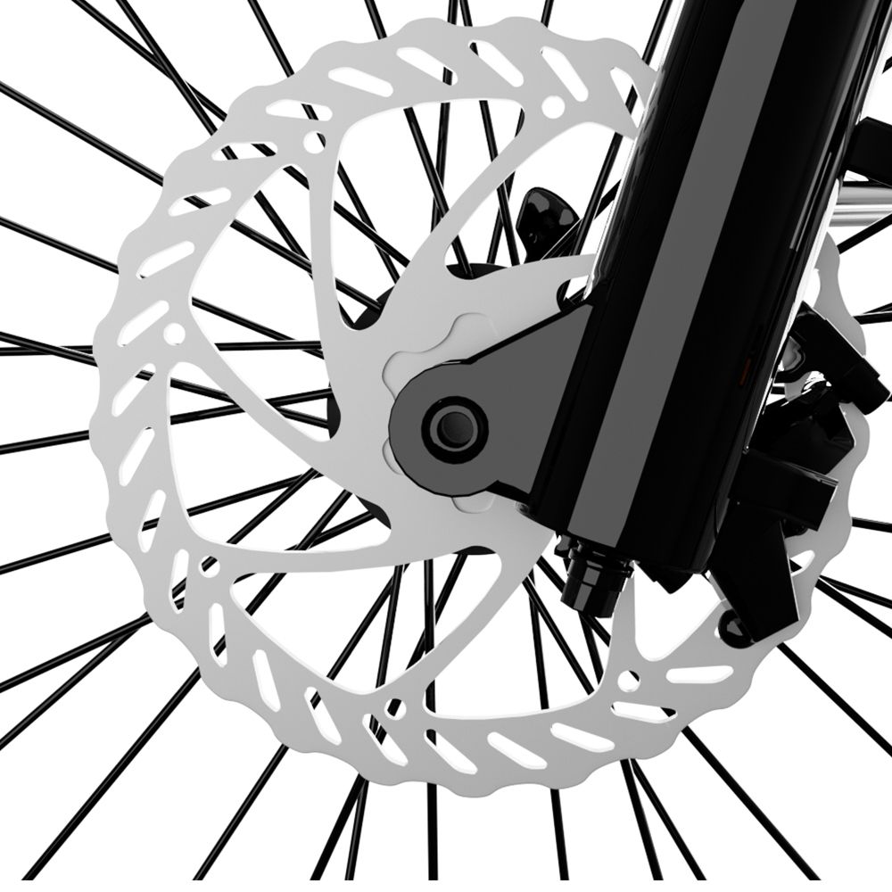 Fahrradbremsscheibe, silberfarben, mit Speichen und schwarzer Gabel. Detailaufnahme.