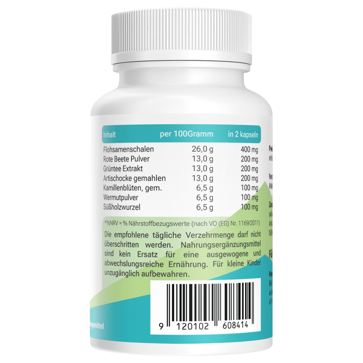 Weiße Flasche mit Kapseln. Aufschrift: Inhalt pro 100g und pro 2 Kapseln. Barcode unten.