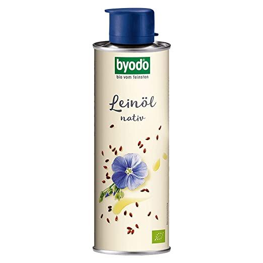 Byodo Bio Leinöl nativ in einer Dose mit blauem Verschluss, mit Leinsamen und Kornblumen-Motiv.