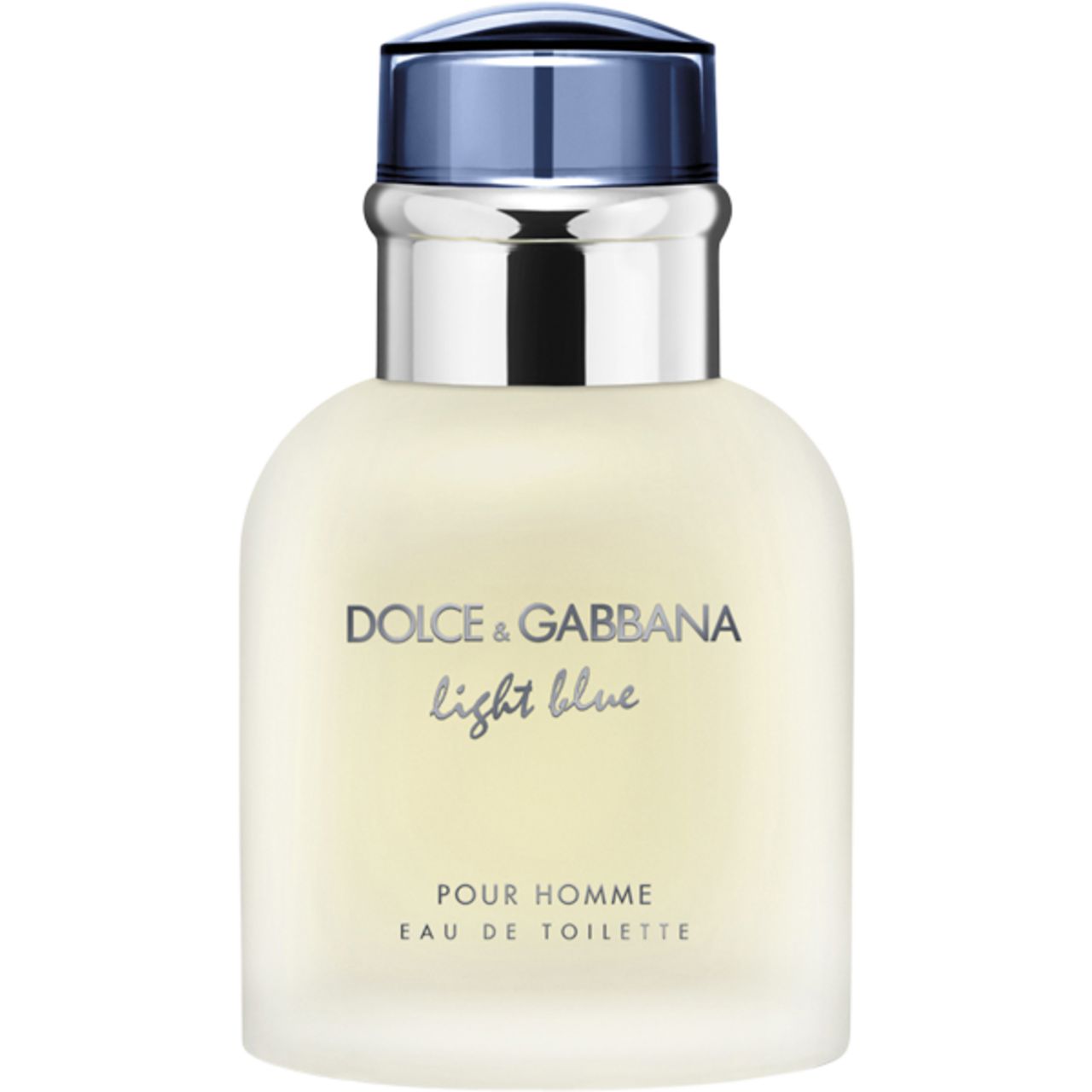 Flakon von Dolce & Gabbana Light Blue Pour Homme EdT Nat. Spray. Hellblaues Glas, silberner Hals, blauer Deckel. Schriftzug.