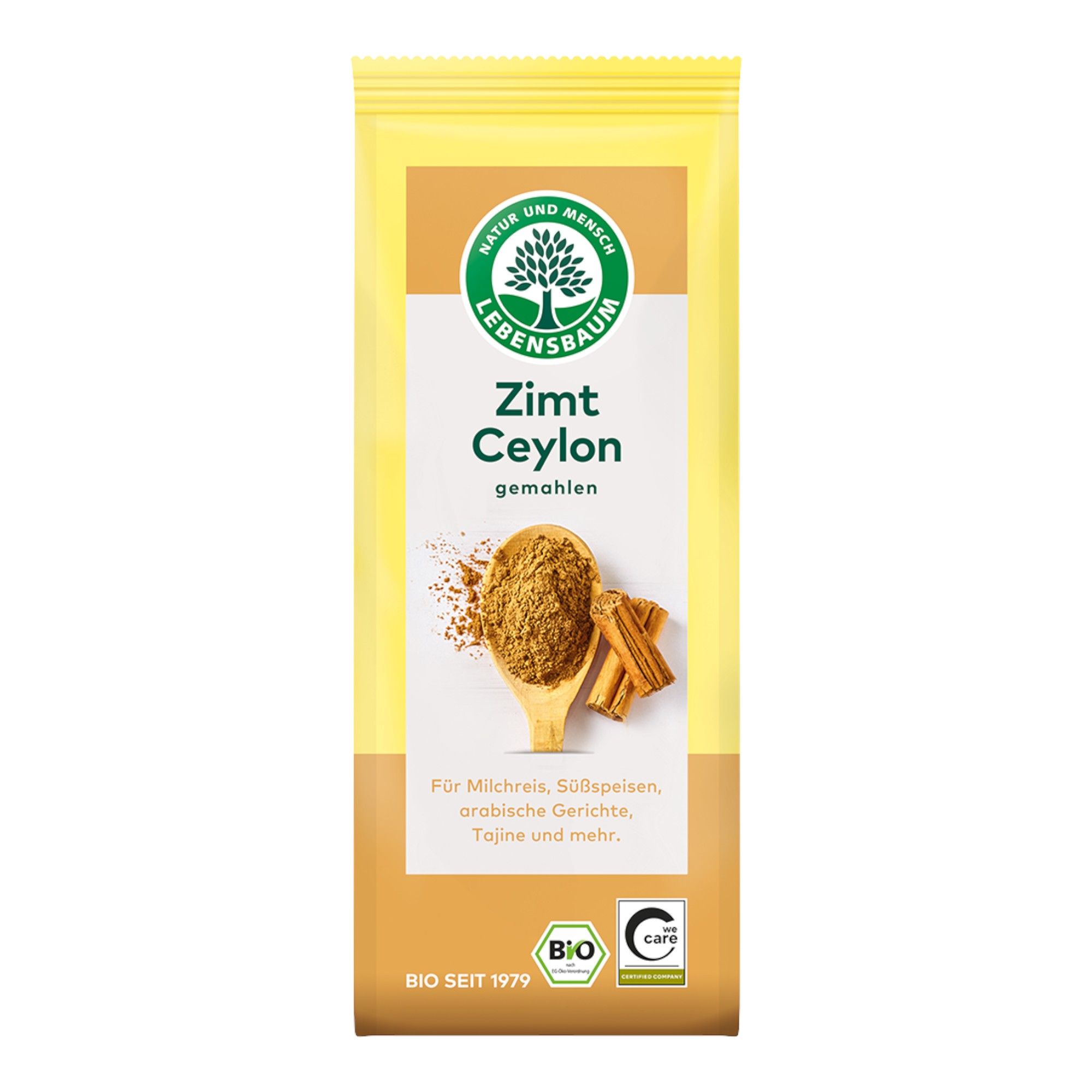 Packung Bio Ceylon Zimt gemahlen mit Löffel, Zimtpulver und Zimtstangen. 'Lebensbaum' Logo und Bio-Siegel.