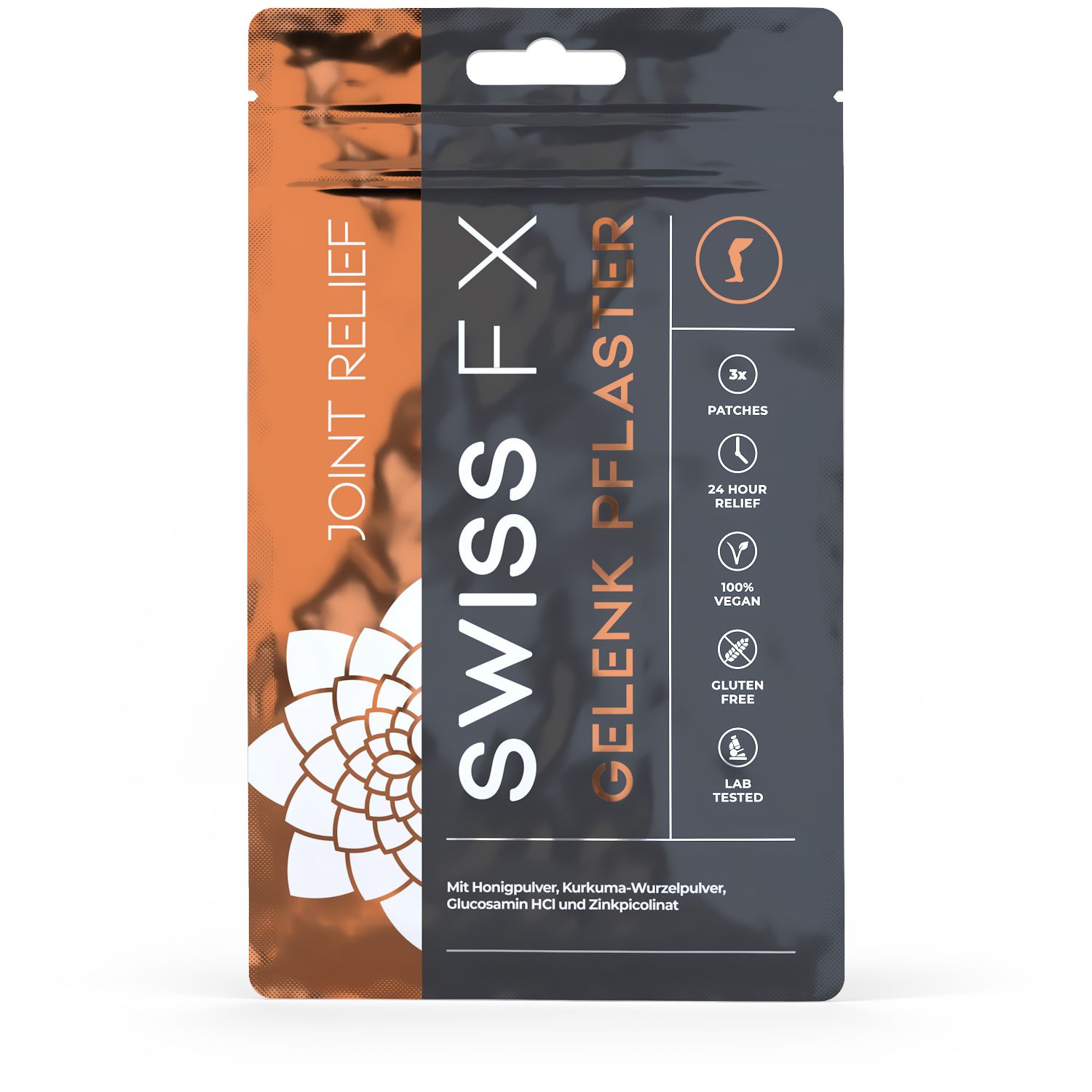 SWISS FX Gelenk Pflaster: Packung mit 3 Pflastern für 24h Linderung. Vegan, glutenfrei, laborgeprüft.
