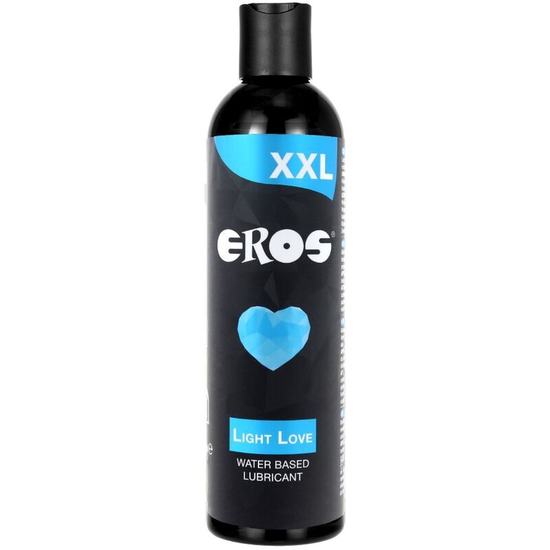 Schwarze Flasche mit blauem Etikett. Aufschrift: XXL, EROS, Light Love, Wasserbasiertes Gleitmittel. Abgebildet ist ein blaues Herz.