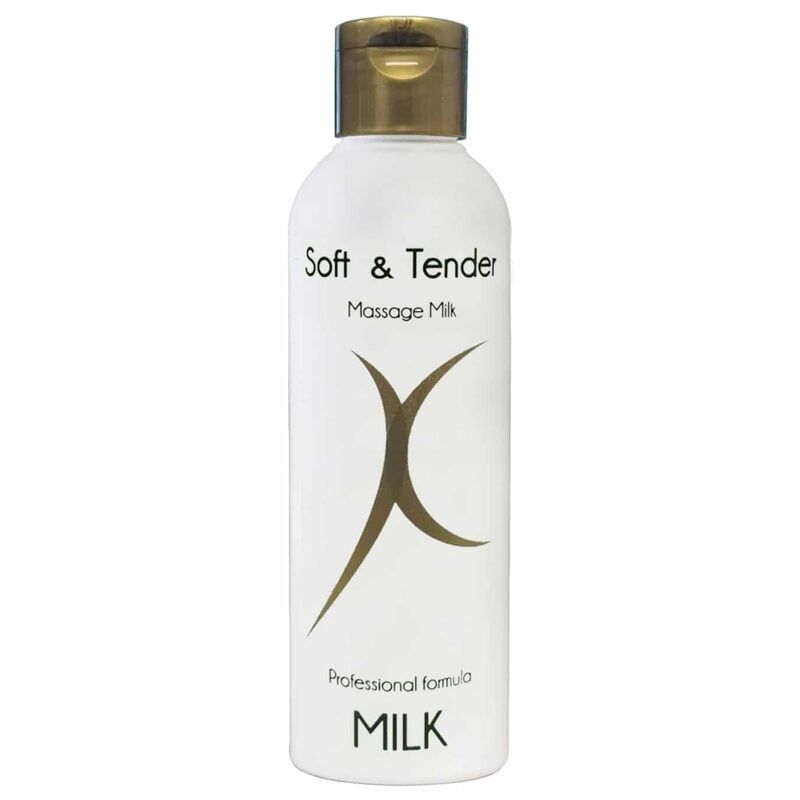 Weiße Flasche mit goldfarbenem Klappdeckel. Enthält Soft & Tender Massage Milk.
