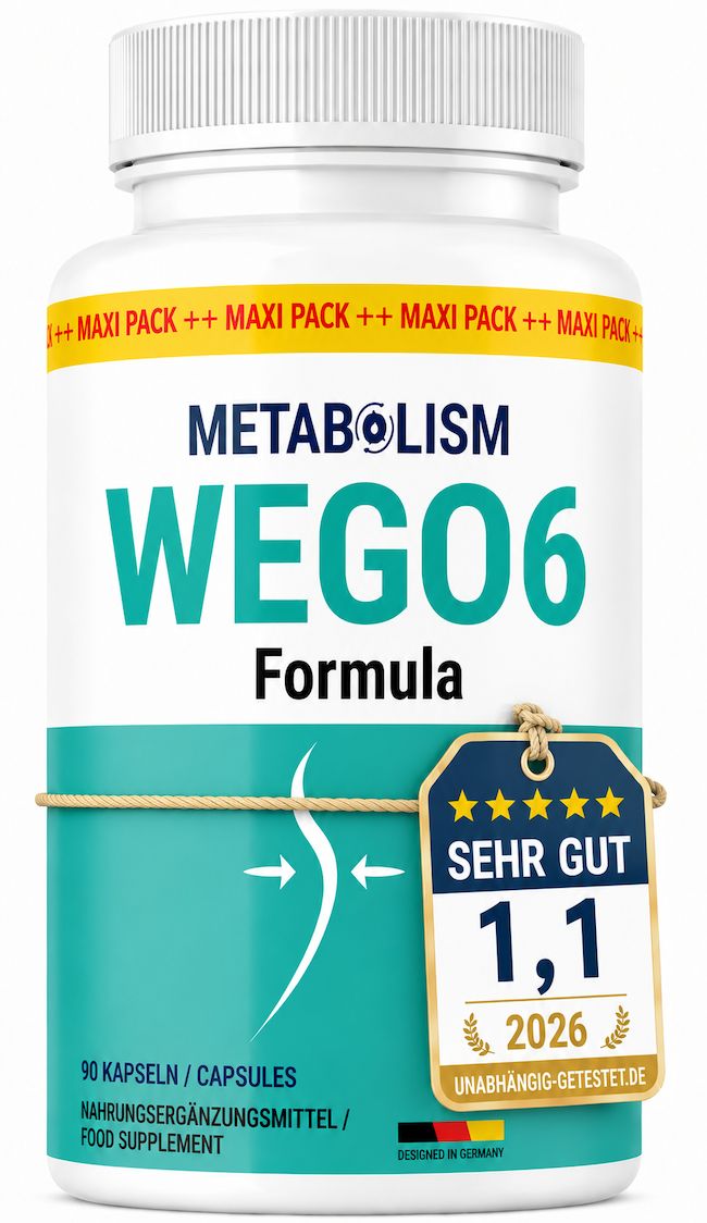 Flasche mit 90 Kapseln, "Metabolism Wego6 Formula" Aufschrift, "Sehr Gut" Siegel.